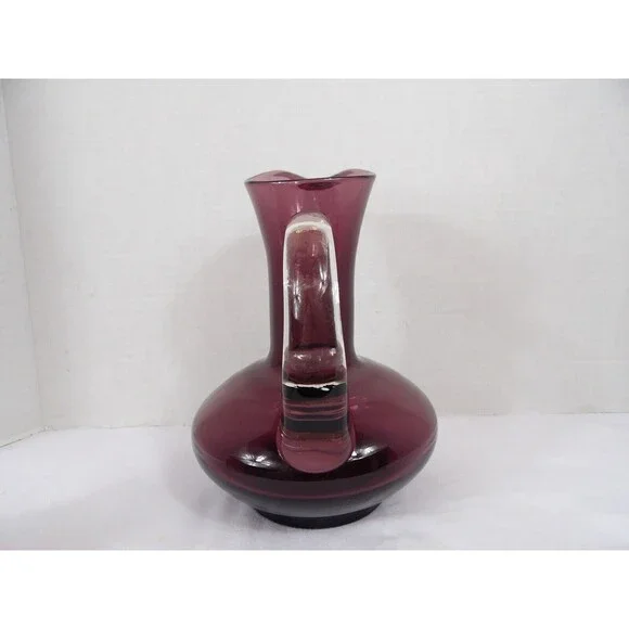 Vase Pitcher Amethyst Hand Blown Glass Pontil Purple Clear Handle 7.5" Tall MCM - Picture 3 of 16